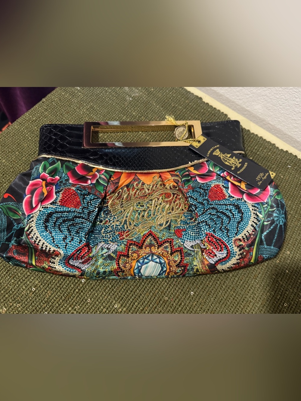 Vintage Christian Audigier Floral Embellished Satin Clutch